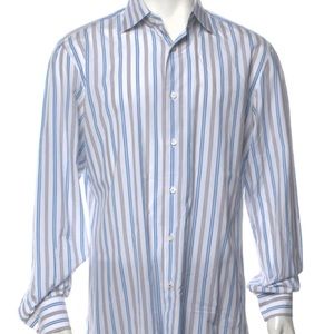 Isaia Blue and White Striped Men's Shirt